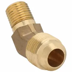 Brass flared/threaded 45-degree elbow fitting for connecting 1/2 in OD tubing to 1/4 in pipe thread. Meets SAE J513 standards. Used in hydraulic, pneumatic, and fluid-handling systems for directional changes.