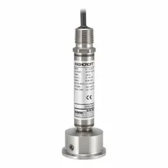 Sanitary pressure transmitter with cable and wire leads, 0 to 30 psi range, 1 to 5V DC output, ±1% of full scale accuracy. Requires 9 to 28V DC power. Stainless steel fitting material. Suitable for sanitary industrial environments requiring precise pressure measurement.