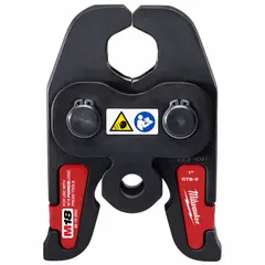 This press jaw is designed for 1 in pipe connections, compatible with copper (plumbing) and stainless steel materials. It fits both standard and extended press tool types, enabling secure crimping in piping systems.