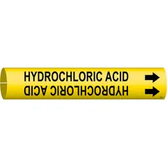 Yellow snap-on pipe marker with black legend reading 'Hydrochloric Acid' and directional arrows. Fits pipe outer diameters from 2-1/2 to 3-7/8 inches. Used to identify pipes carrying hydrochloric acid in industrial piping systems.