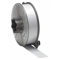 Rectangular flag precut label roll for industrial identification and labeling. Each label measures 1 1/2 in x 1 1/2 in, made of white gloss polyester. Roll contains 3,600 labels. Compatible with A5500 printer series; requires SSR6006 ribbon.