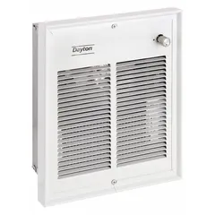 DAYTON Recessed Electric Wall-Mount Heater: 1500 W/2000 W, 240/277V AC, Single Phase, White. Key specifications — Grille Color: White; Programming Capability: Non-Programmable; Wattage Output: 1500 W/2000 W; Voltage, Phase: 240/277V AC, 1-phase; Rough-In Dimensions - H x W x D: 11-1/4 in x 9-1/2 in x 3-3/4 in; Nominal Voltage - HVAC: 240V AC; Brand: DAYTON; Phase: Single.