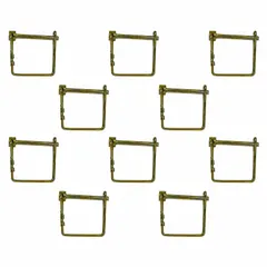 Square one-wire tab-lock pins for securing components in industrial assemblies such as machinery guards, hinges, or quick-release mechanisms. Snap-type steel construction with zinc plating. Pin diameter and shank length tolerances of +0.000/-0.000 in. Supplied in a 10-pack.