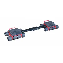 This machine roller is designed for moving heavy equipment across shop floors or warehouses. It features a red finish, 16 fixed rollers for stable straight-line transport, and a deck height of 4 1/4 inches. Dimensions are 8 3/4 inches long by 8 inches wide.