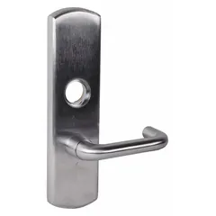 Silver lever-style outside trim for exit push bars. Features a lever exit device style and lever outside trim type. Not ADA compliant. Suitable for commercial door egress applications where lever actuation is desired.