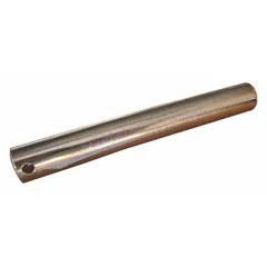 Steel replacement axle for the exit position on 4YX97 pallet jacks. Silver finish. Restores wheel alignment and load support in material handling applications.