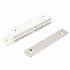 This magnetic push-to-close catch is made of plastic and features a pull opening action. It is suitable for use in cabinets, enclosures, and access panels where a low-profile magnetic holding solution is required. Dimensions: 1/2 in height, 3 3/8 in width.