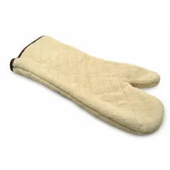 This terry cloth oven mitt in tan provides heat protection for handling hot cookware, bakeware, and oven trays. With a 13-inch overall length, it offers extended coverage for the hand and wrist. Suitable for use in commercial kitchens and food service environments.