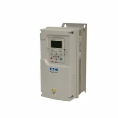 Three-phase output variable frequency drive from the Eaton PowerXL DG1 series. Rated for 5 hp with a maximum output current of 4.3 A and output voltage range of 525-600V AC. Housed in a white enclosure, this industrial high-performance drive is used for speed and torque control of three-phase AC motors in applications such as conveyors, pumps, fans, and compressors.