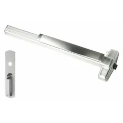 This rim-type exit device features a touchbar style and a chrome finish. It is designed for doors up to 4 ft wide and includes a thumbpiece pull outside trim. The device is ADA compliant, suitable for commercial egress applications requiring code-compliant panic hardware.