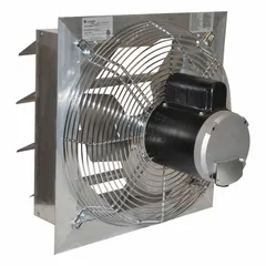 This 14-inch standard shutter-mount exhaust fan features a 1/3 hp totally enclosed air over motor, delivering 2,170 cfm at 230/460V AC, 3-phase, single speed. The aluminum blade and housing are suited for industrial ventilation applications such as removing heat, fumes, and stale air in factories, warehouses, and workshops.