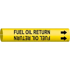 Yellow snap-on pipe marker with black legend reading 'Fuel Oil Return' and directional arrows. Fits pipe outer diameters from 1-1/2 to 2-3/8 inches. Used to identify fuel oil return lines in piping systems, aiding in compliance with pipe-labeling standards.