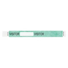 Single-use Tyvek® wristband for temporary visitor identification. Measures 10 inches overall length by 1 inch overall width. Green color. Supplied in a pack of 500. Suitable for access control at events, industrial sites, and secure facilities.