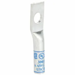 Copper compression lug for terminating 6 AWG stranded copper wire to a 1/4 in stud. One-hole design with standard barrel for secure, low-resistance connections in power distribution and control systems.