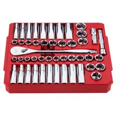 This 47-piece socket set includes 1/2 in drive tools and 6-point sockets ranging from 1/2 in to 1-1/8 in, covering both SAE and metric sizes. The friction drive tool type allows for quick socket changes. Suitable for fastening and loosening nuts and bolts in maintenance, repair, and assembly tasks.