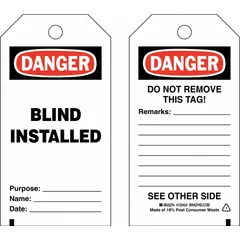 White tags with black and red text for hazard identification. Each tag includes fields for name, date, and remarks. Fastened with cable ties for secure attachment to equipment or piping. Pack of 25.