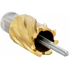 This annular cutter is made of high-speed steel with a titanium nitride (TiN) coating for general cutting applications. It has a 1 3/16 in cutter diameter and a maximum cutting depth of 1 in, with a Weldon Flat shank for use with magnetic drill presses and portable drilling equipment. Suitable for creating holes in structural steel, plate, and pipe in fabrication and maintenance work.