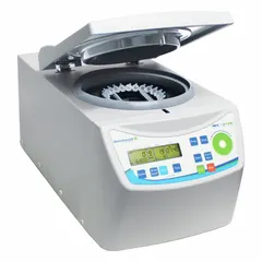 Refrigerated benchtop microcentrifuge with a 24-tube rotor for 1.5/2.0 mL tubes. Features programmable variable speed control and digital display. Operates on 120V AC. Used for spinning small-volume samples in clinical, research, and industrial labs.