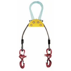 Steel wire rope sling with two legs and bridle configuration for balanced load distribution. Uncoated rope construction. Used in rigging and industrial lifting applications requiring stable, even load sharing across two attachment points.