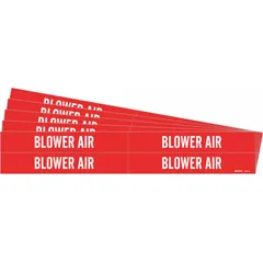 This adhesive pipe marker identifies blower air lines in industrial piping systems. The red background with white legend provides clear visual identification. Each marker fits pipes with an outer diameter of 3/4 to 2-3/8 inches. Supplied without directional arrows, the pack contains 4 markers, sold as a 5-pack.
