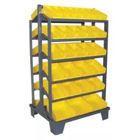 This metal stationary pick rack features a gray steel frame and 58 yellow open-front shelf bins. It has 12 shelves and 2 usable sides, with each bin measuring 4 in x 11-1/8 in x 11-5/8 in. Designed for organized storage and retrieval of small parts and components in warehouses and industrial settings