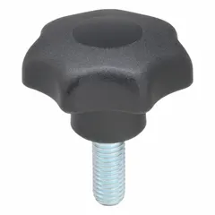 This 7-arm knob features a plastic body with a steel threaded stud for manual adjustment and positioning on machinery. The M10 thread with 25 mm length provides secure fastening, while the 50 mm diameter offers a comfortable grip for frequent hand operation in clamping, tightening, or adjusting applications.