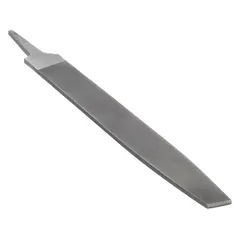 This double-cut warding file features a single edge cut with second cut teeth and a natural finish. It measures 6 inches in length without tang and 5/8 inch in width, with a taper towards the point. Designed for precision filing in confined spaces such as keyways, slots, and narrow grooves.
