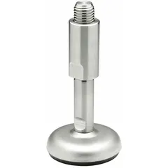 Swivel male leveling mount with M24 thread size, 100 mm length, and 21,000 N load capacity. Sandblasted matte finish, round base, includes sleeve, hex size 1.181 in. Used for leveling and stabilizing industrial machinery, conveyors, and heavy equipment.
