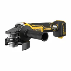 The DEWALT DCG411VSB is a 20V DC cordless angle grinder with a brushless motor and barrel grip. It features a standard head and a lock-on switch for continuous operation. Suitable for cutting, grinding, and surface preparation on metal and masonry in fabrication, maintenance, and construction tasks.