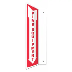 This L-shape projection fire equipment sign is designed for marking fire equipment locations. It features mounting holes for secure attachment to walls or structures. The sign is not retroreflective and has no glow-in-the-dark or anti-slip surface. Nominal size is 18 inches by 4 inches.