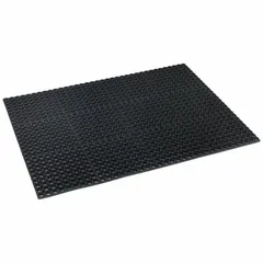 Standard drainage mat with raised-ring surface for fluid drainage and slip resistance. Constructed from black natural rubber with a straight edge. Suitable for industrial work areas where standing fatigue reduction and drainage are needed. Not reversible.
