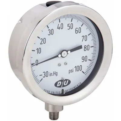 DURO Industrial Compound Gauge: 0 psi to 100 psi, White, 4 1/2 in Dial, 1/4 in NPT Male - All-Stainless Steel Wetted Parts & Casing