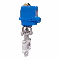 This BONOMI electric butterfly valve features a stainless steel disc and lug-style body for corrosion resistance. It operates on 24V AC/DC power with manual input control signal, suitable for on-off or modulating flow control in industrial piping systems. Pipe size: 2 1/2 in. MPN: ME9101-002-2-1/2.