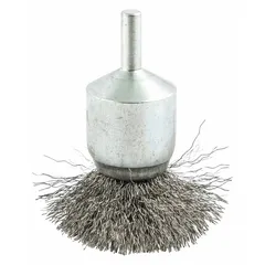 Crimped steel flared brush for light cleaning of carbon steel surfaces. Used for deburring, edge blending, and surface preparation in metalworking and fabrication. Flared shape reaches into grooves and corners. 2 in diameter, 0.01 in fill diameter, 1/4 in shank.