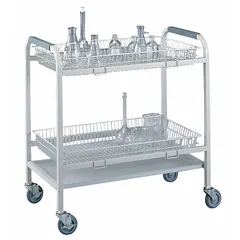 Steel lab cart designed for transporting glassware and lab supplies. Includes two large baskets to secure beakers, flasks, and cylinders. Overall height 36 3/8 inches, width 19 inches. Suitable for general laboratory transport tasks.