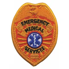 Sew-on embroidered badge for identification on uniforms or gear. Measures 2 1/2 in x 3 1/2 in with gold design on plastic base. Suitable for emergency medical services personnel.
