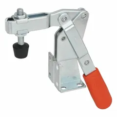 Standard toggle clamp with vertical handle and flange base mounting. Arm length 95 mm. Rubber grip on handle. Suitable for workholding in machining, welding, and assembly fixtures.