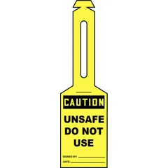 Yellow single-part caution tags with attached strap, size #7. Each pack contains 25 tags. Legend is not the same on both sides. Used to mark equipment or machinery that is unsafe or should not be used, helping prevent accidental operation during maintenance or lockout procedures.