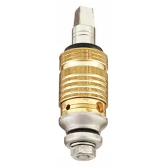 Compression faucet cartridge for hot and cold water control. Made of brass with nickel-plated finish. Includes one cartridge. Compatible with Chicago Faucets brand fixtures.