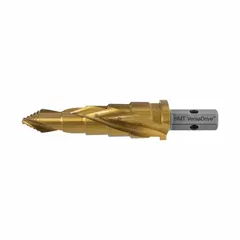 This TiN-coated high-speed steel step drill bit is impact rated and features a hex shank for use with impact drivers. It drills holes from 5/16" to 9/16" in metal, plastic, and wood. Suitable for industrial fabrication, maintenance, and electrical applications.