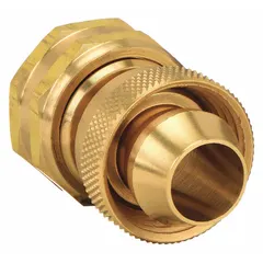 Rigid adapter for connecting 3/4 in female garden hose to 3/4 in female threaded fittings. NH x GHT connection type. Used for repairing or extending hose ends in irrigation, landscaping, and water supply systems.