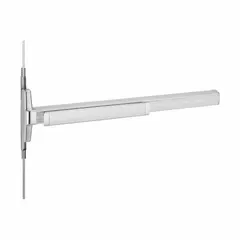 This concealed vertical rod exit device features a touchbar push pad and lever outside trim, finished in gray. It is designed for commercial doors requiring a clean appearance with concealed rods. Suitable for standard egress applications in offices or retail spaces. Not ADA compliant or ligature-resistant.