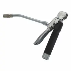 This non-metered manual dispense gun is pressure activated and features a curved design with a rigid nozzle extension. It has a 3/8 in NPT spout connection and is compatible with NLGI viscosity grade 2 grease. Wetted materials include alloy steel, brass, carbon steel, chrome vanadium, and polyurethane. Typical applications include lubricating machinery and equipment in industrial maintenance and automotive settings.