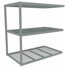 This heavy-duty boltless shelving unit from TENNSCO is constructed of powder-coated gray steel with a closed starter side panel and angle beam profile. It includes three steel wire decks and has a maximum post load capacity of 8,000 lb when beams are evenly spaced at 24 in. Suitable for industrial storage of palletized or bulk items in warehouses and distribution centers.