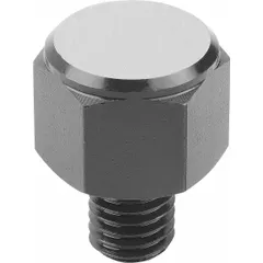 Flat steel positioning foot with external M10 thread and 12 mm thread length. Provides a stable support surface for precise positioning in jigs, fixtures, and workholding setups.