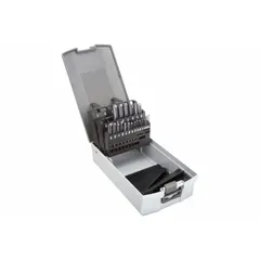 This 21-piece solid carbide straight-flute drill bit set covers sizes from 1/16" to 3/8". The 140° split point reduces walking and improves penetration. Designed for drilling steel and cast iron in production and maintenance applications.