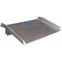 Aluminum dock board with diamond treadplate surface for traction. Overall length 60 inches, overall width 60 inches. Bridges the gap between loading dock and truck or railcar for forklift and pallet jack access.