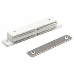 Plastic magnetic push-to-close door catch with pull opening action. Measures 5/8 in height and 4 3/16 in width. Used to hold cabinet doors, access panels, or enclosures securely closed in industrial cabinetry, electrical enclosures, and machinery guarding applications.