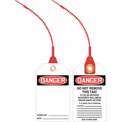 White single-part danger tags with attached strap, size #7, supplied in a 10-pack. The legend is printed on one side only. Used in industrial lockout/tagout procedures to identify hazards and prevent accidental equipment energization during maintenance.