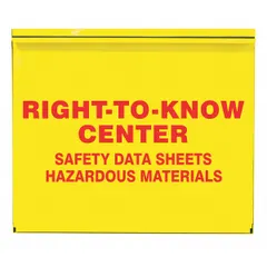 This cabinet-mounted safety station displays hazard communication and right-to-understand information in English. With a 27-inch width and 5-inch depth, it is designed for wall cabinet installation. Mounting hardware is not included.